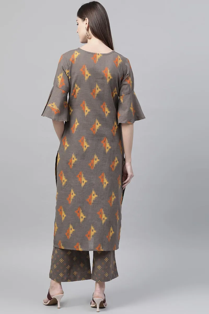 Taupe Cotton Abstract Print Kurta Set