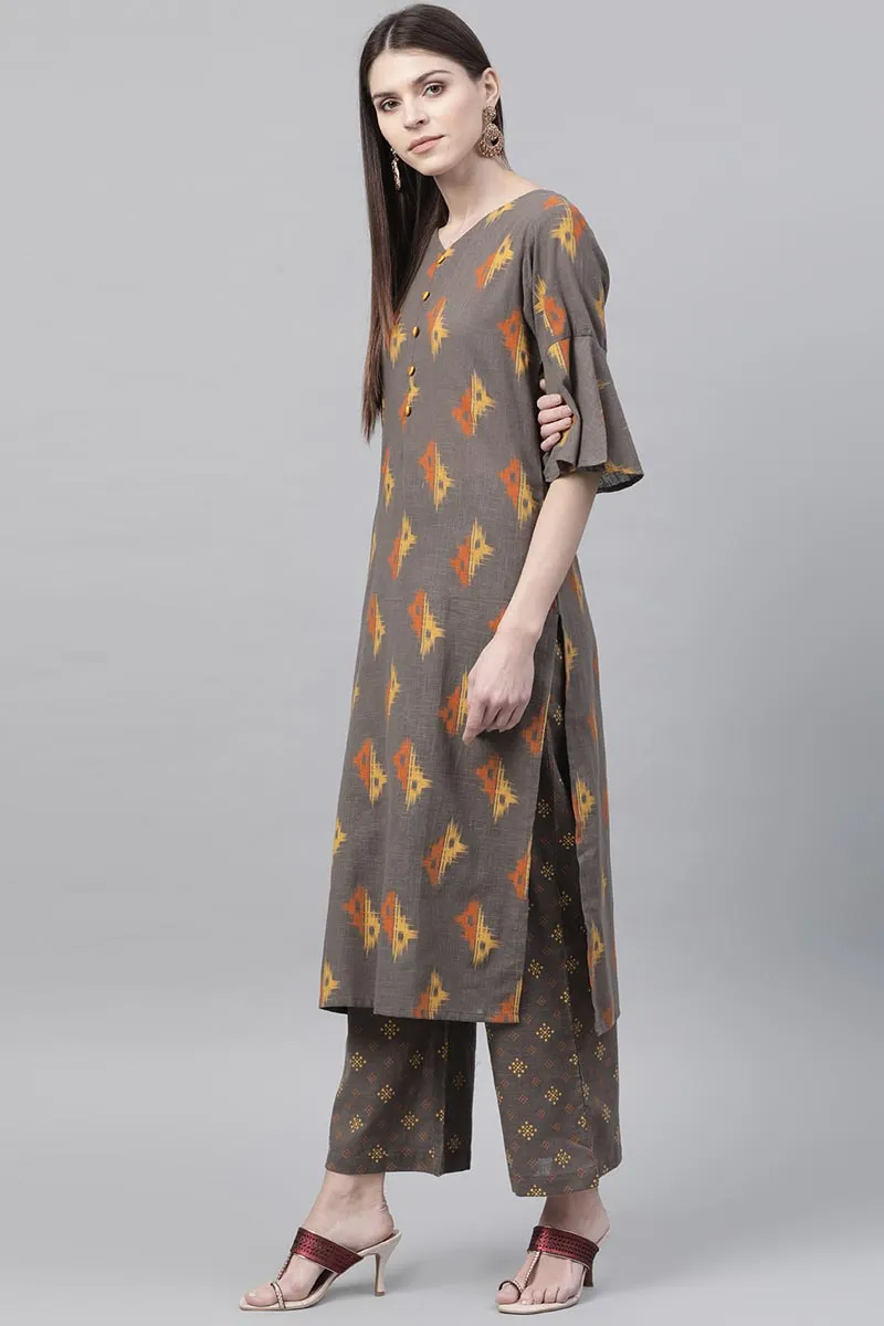Taupe Cotton Abstract Print Kurta Set