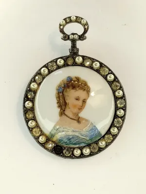Vintage Limoges France Porcelain Framed Portrait Painted Brooch Pearl Rhinestone