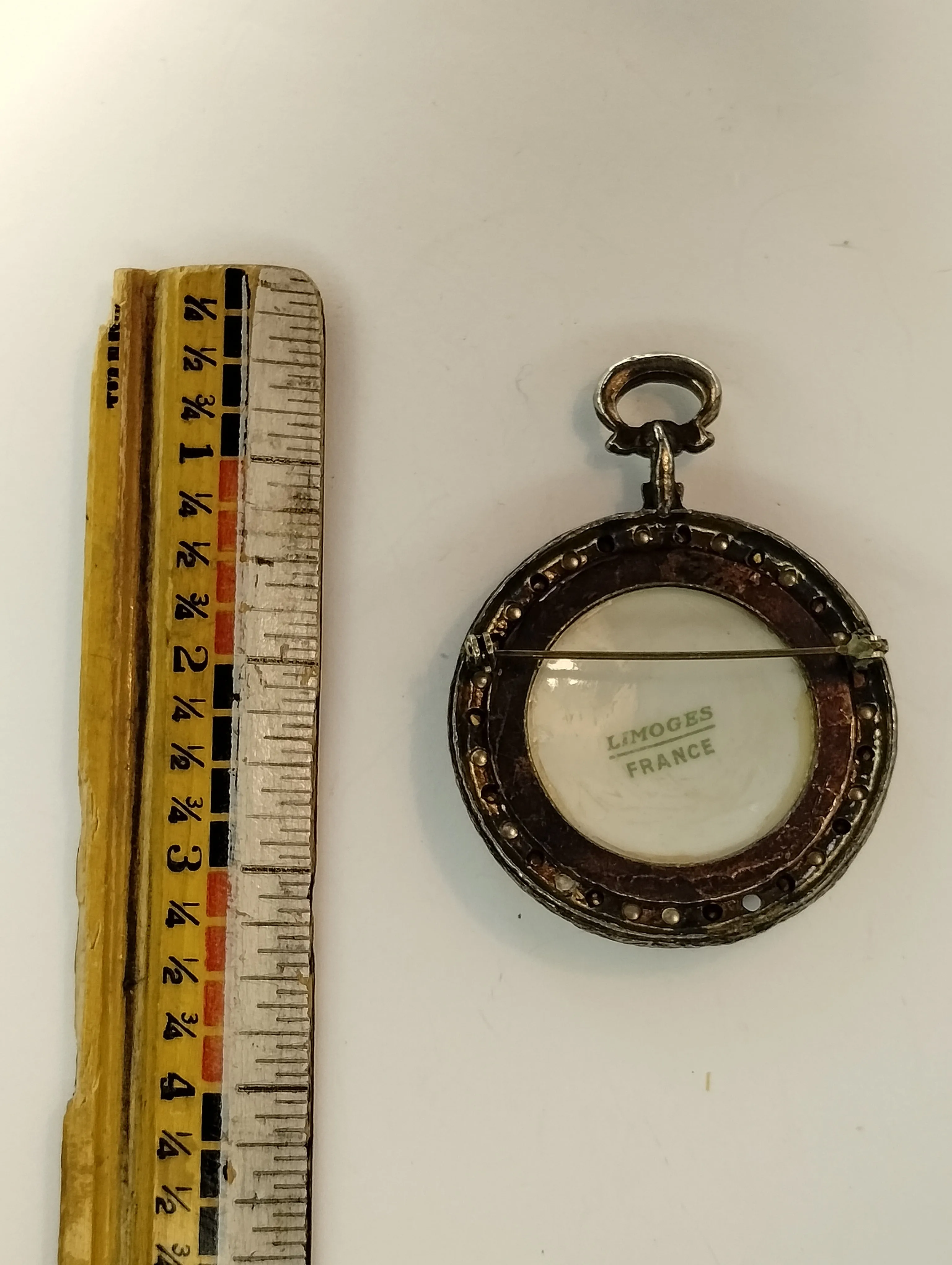 Vintage Limoges France Porcelain Framed Portrait Painted Brooch Pearl Rhinestone