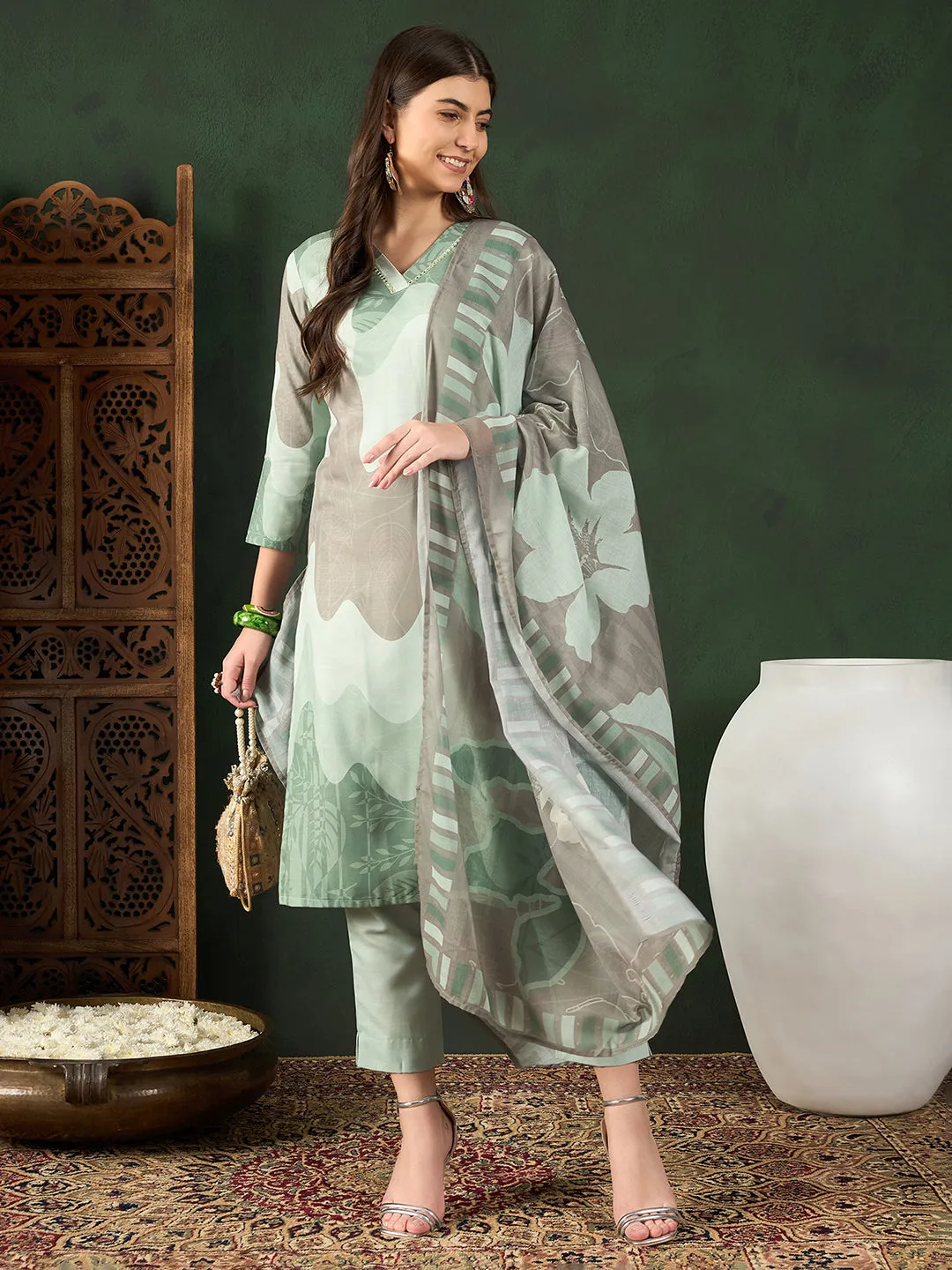 Women Green Silk Blend Abstract Printed Straight Kurta Trouser With Dupatta
