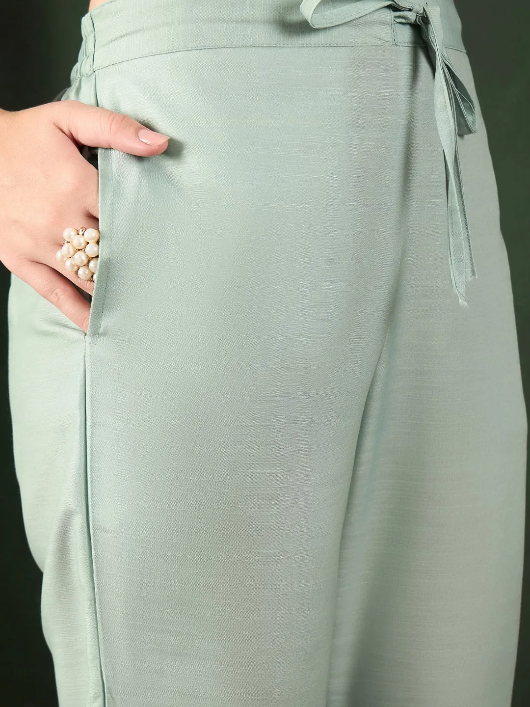 Women Green Silk Blend Abstract Printed Straight Kurta Trouser With Dupatta