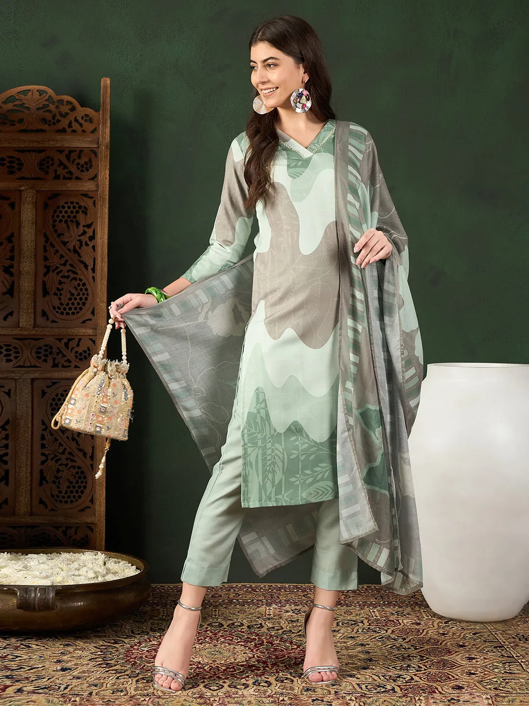 Women Green Silk Blend Abstract Printed Straight Kurta Trouser With Dupatta