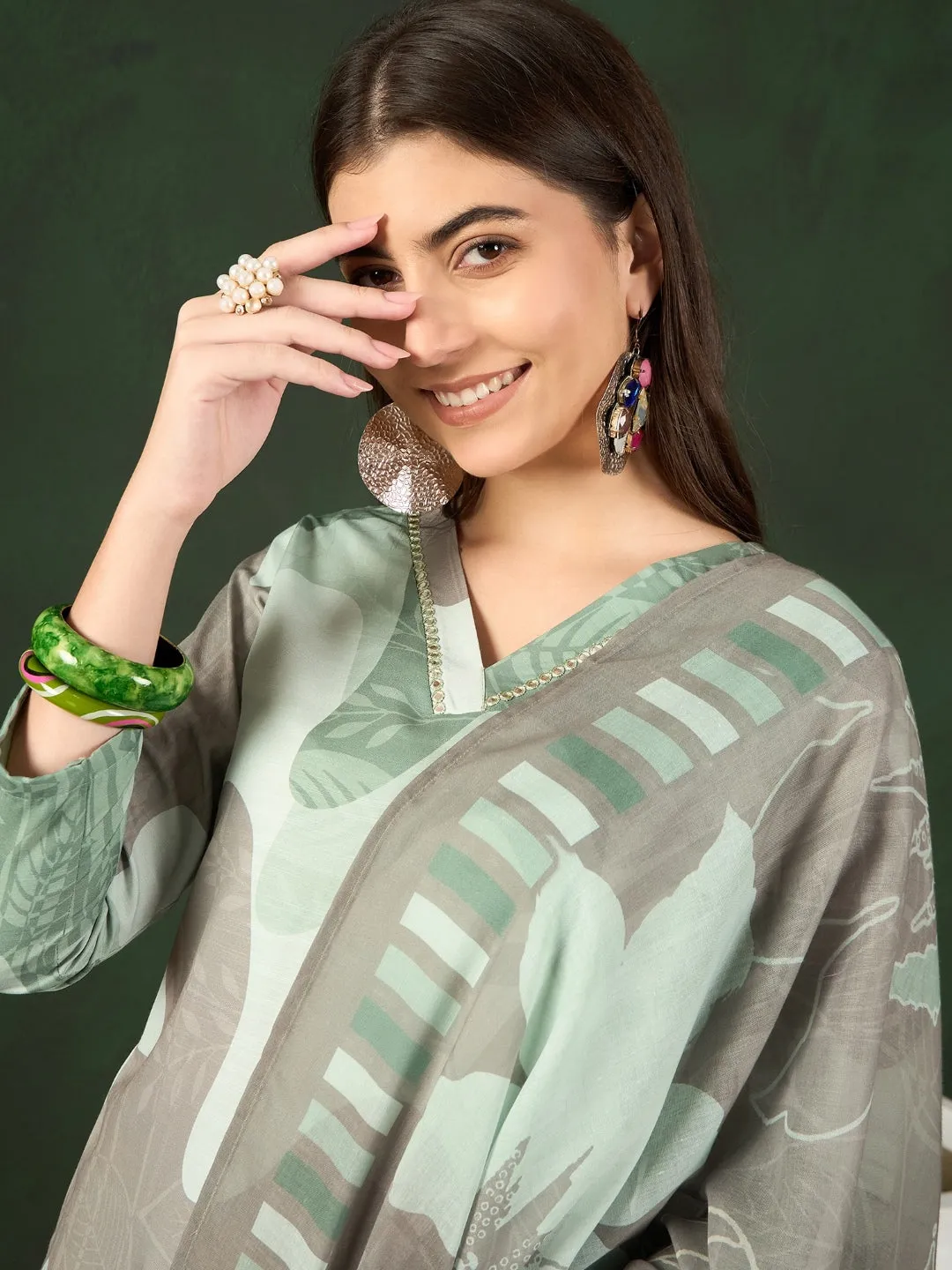 Women Green Silk Blend Abstract Printed Straight Kurta Trouser With Dupatta