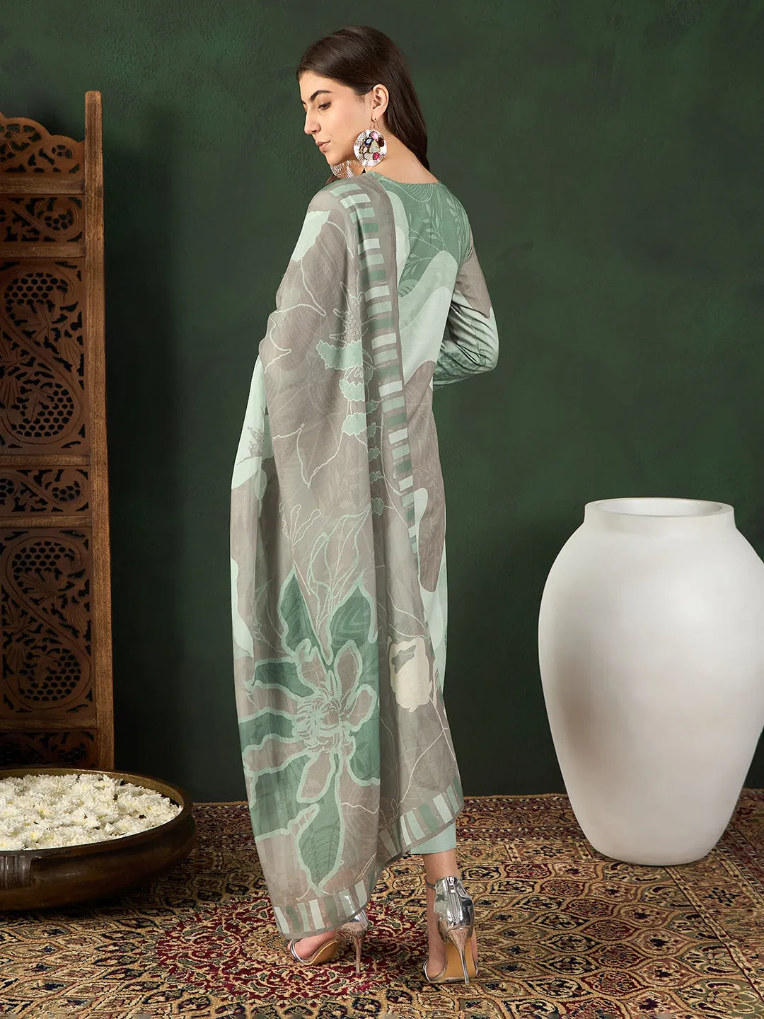 Women Green Silk Blend Abstract Printed Straight Kurta Trouser With Dupatta