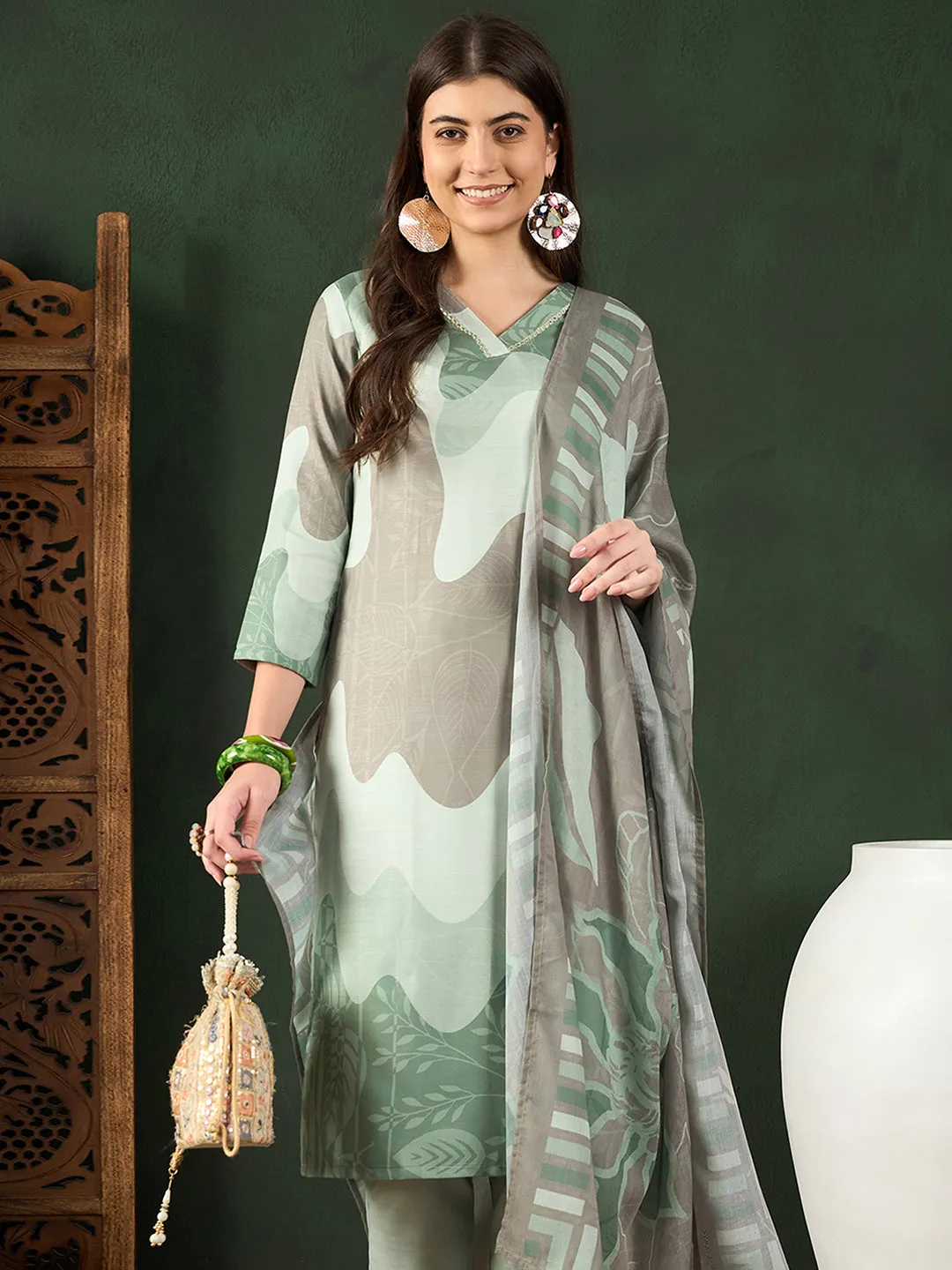 Women Green Silk Blend Abstract Printed Straight Kurta Trouser With Dupatta