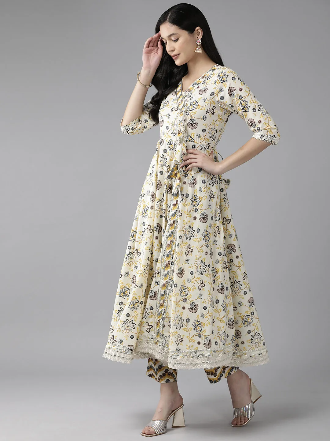 Yellow And White Printed Angrakha Gotta Patti Pure Cotton Kurta With Trousers & With Dupatta