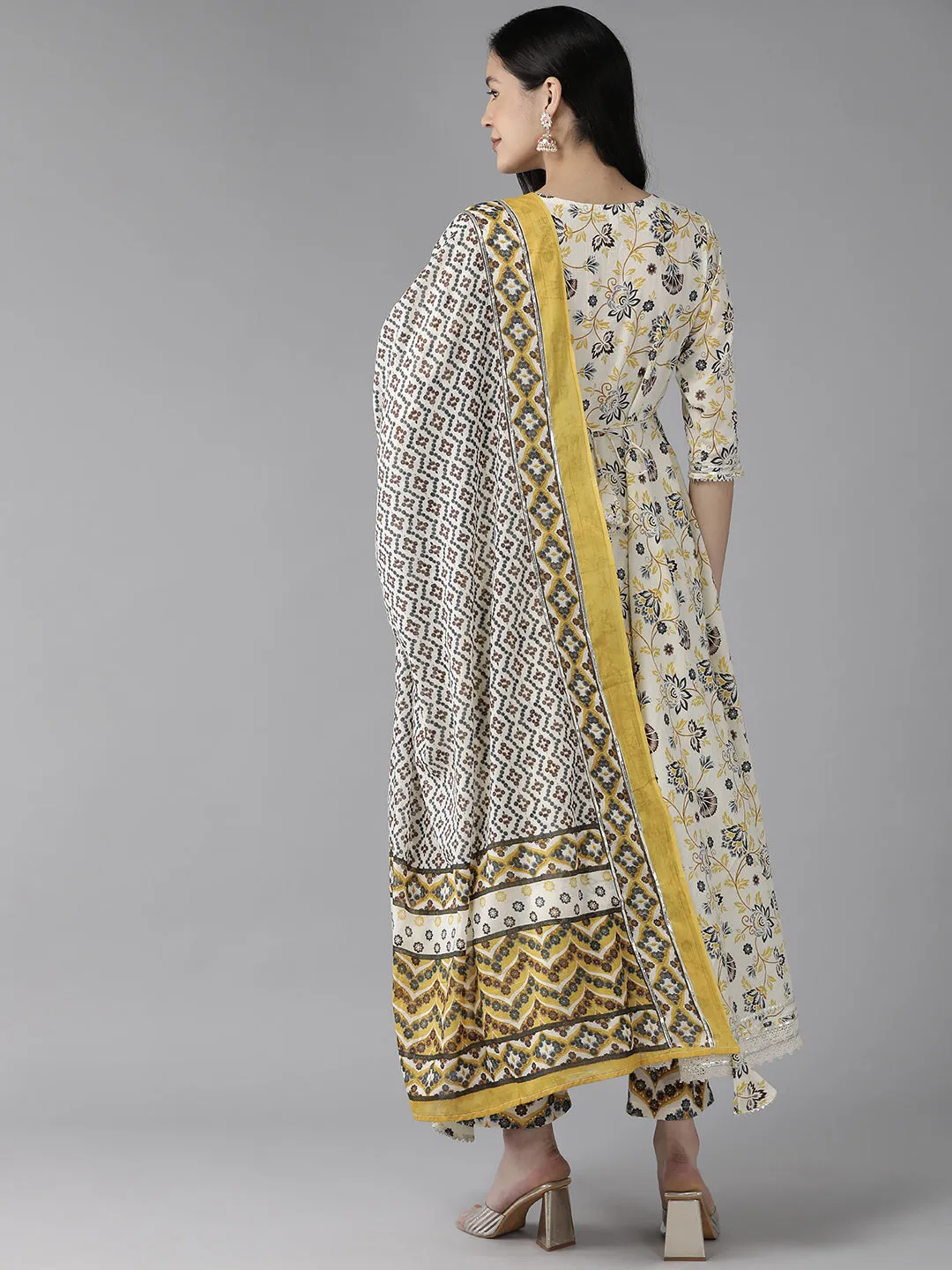 Yellow And White Printed Angrakha Gotta Patti Pure Cotton Kurta With Trousers & With Dupatta