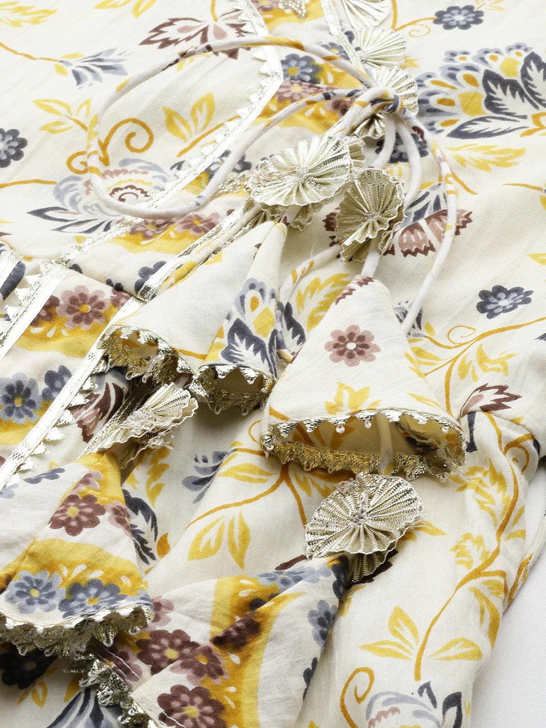 Yellow And White Printed Angrakha Gotta Patti Pure Cotton Kurta With Trousers & With Dupatta