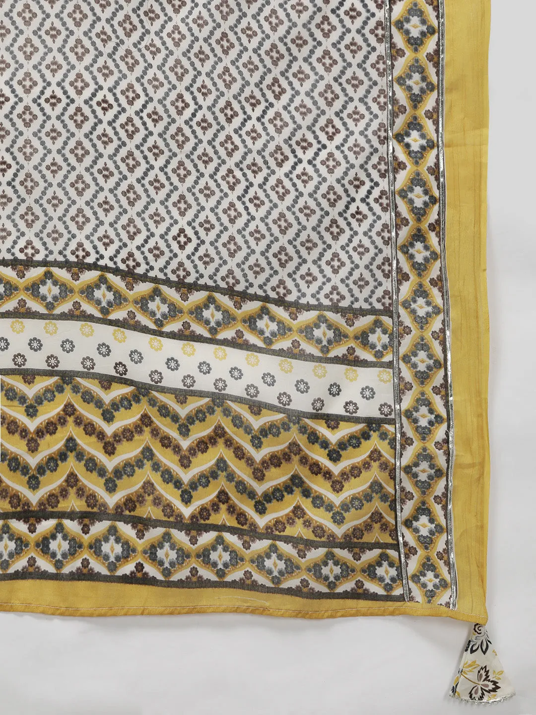 Yellow And White Printed Angrakha Gotta Patti Pure Cotton Kurta With Trousers & With Dupatta