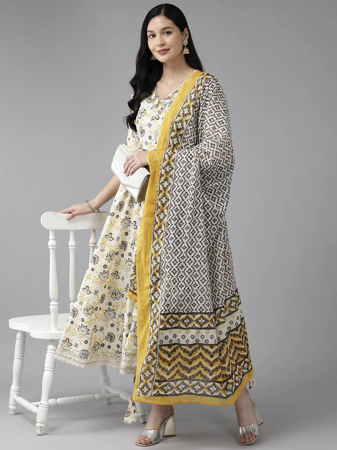 Yellow And White Printed Angrakha Gotta Patti Pure Cotton Kurta With Trousers & With Dupatta