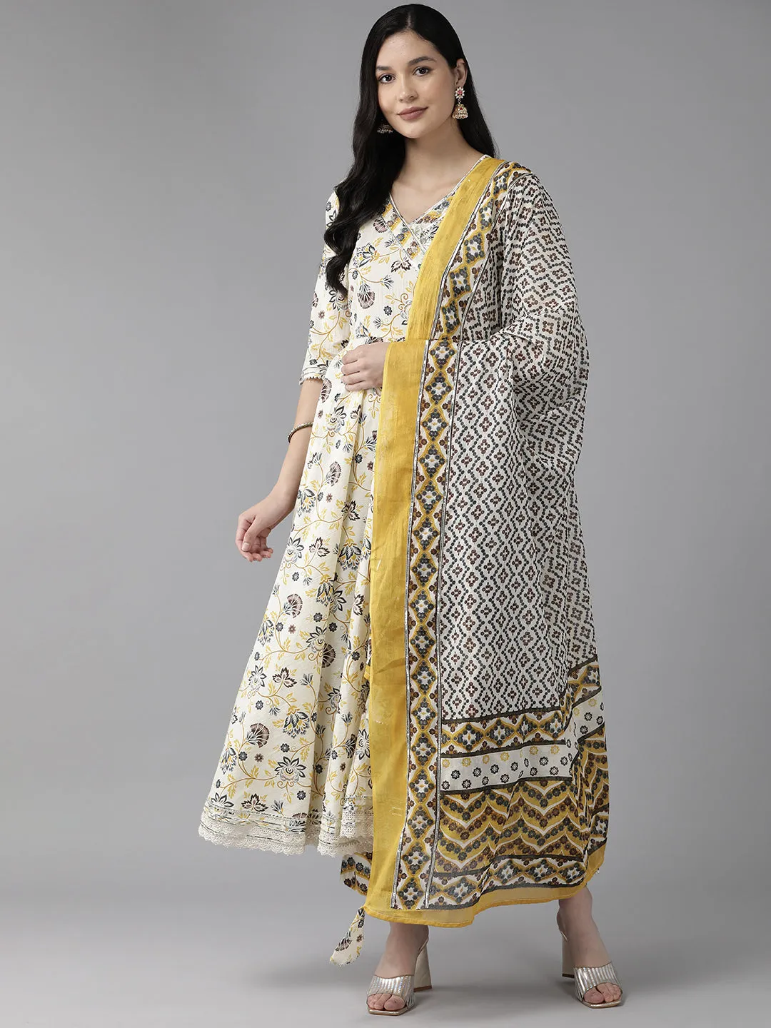 Yellow And White Printed Angrakha Gotta Patti Pure Cotton Kurta With Trousers & With Dupatta
