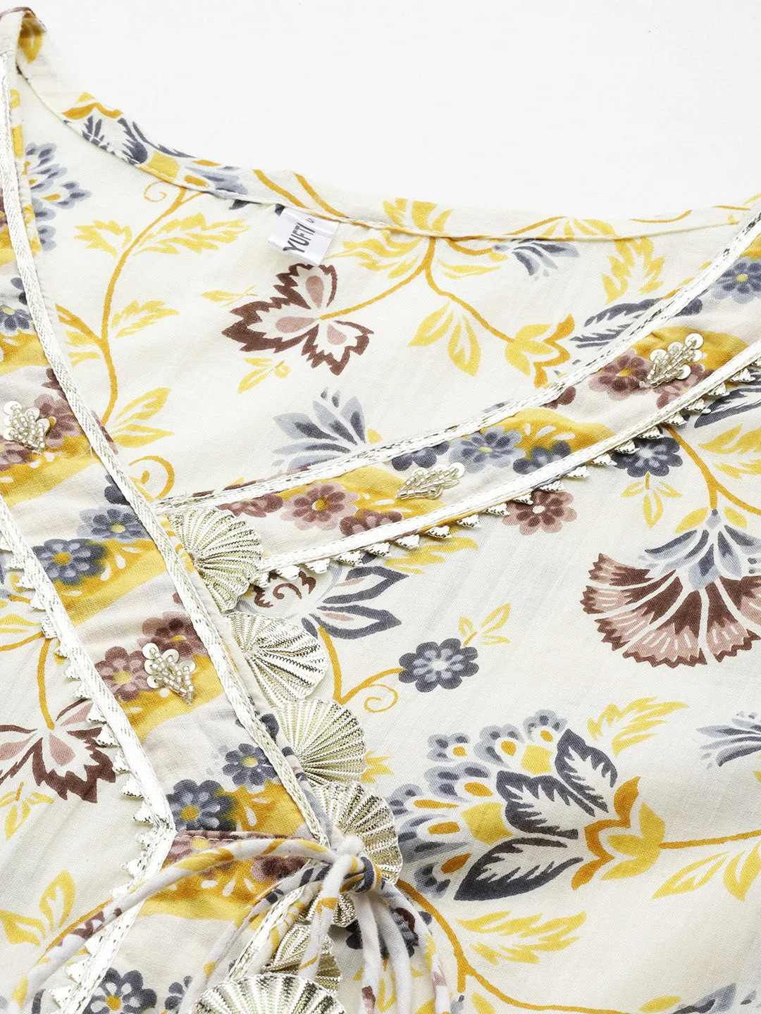 Yellow And White Printed Angrakha Gotta Patti Pure Cotton Kurta With Trousers & With Dupatta