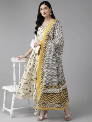 Yellow And White Printed Angrakha Gotta Patti Pure Cotton Kurta With Trousers & With Dupatta