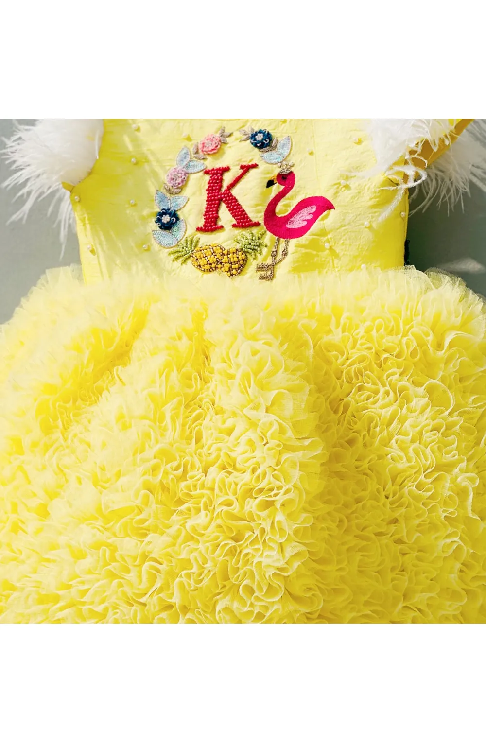 Yellow hand embellished personalised flamingo theme dress
