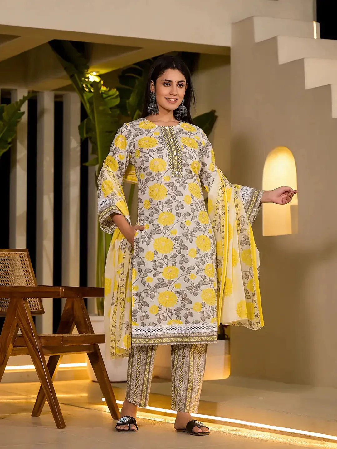 Yellow Pure Cotton Floral Print Kurta With Trousers And Dupatta Set