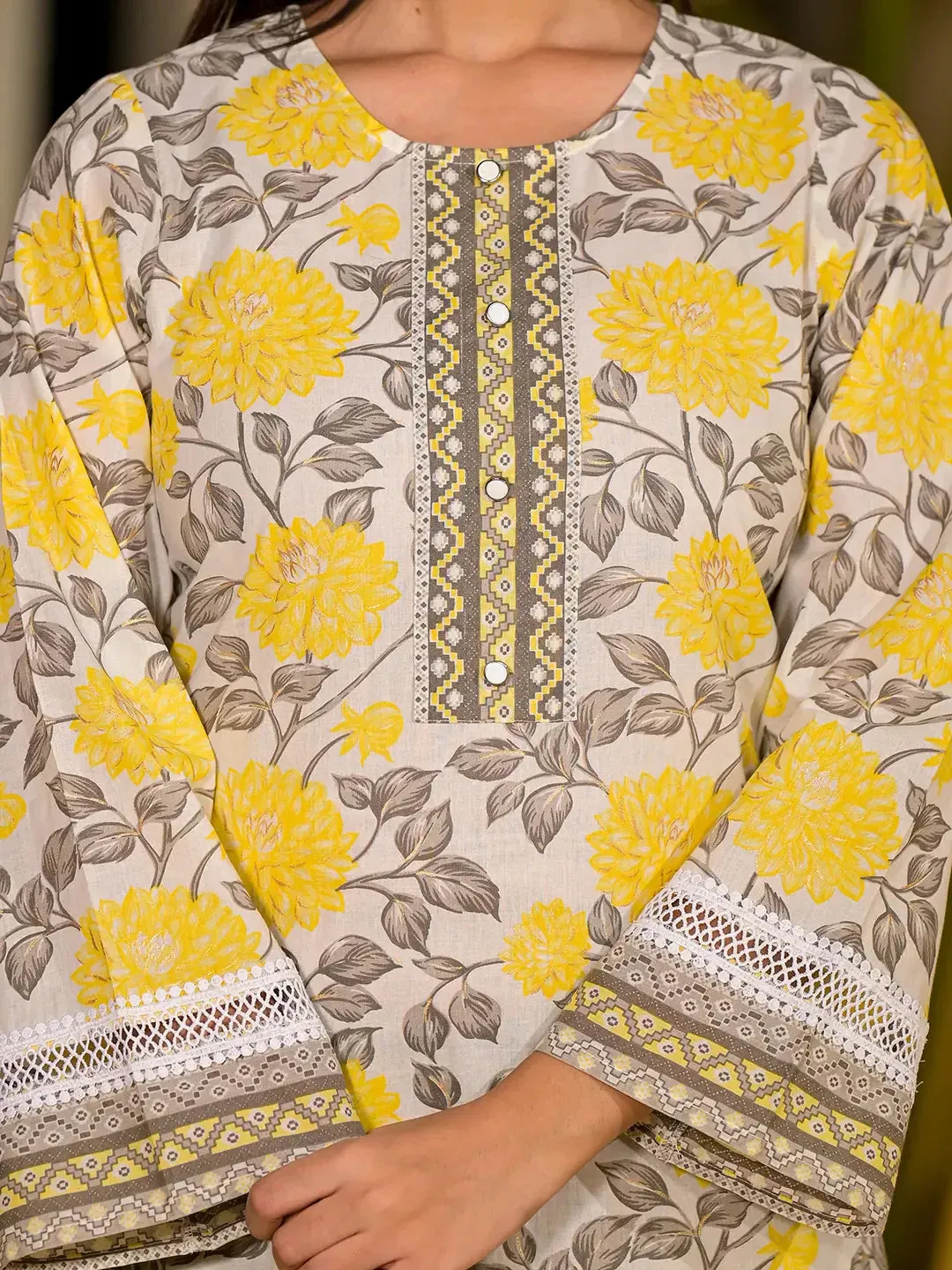 Yellow Pure Cotton Floral Print Kurta With Trousers And Dupatta Set