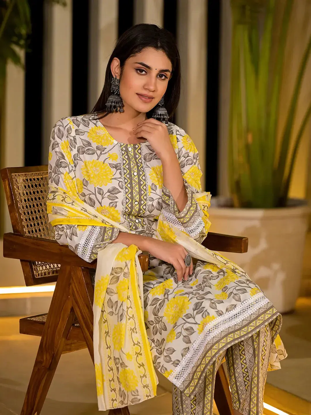 Yellow Pure Cotton Floral Print Kurta With Trousers And Dupatta Set