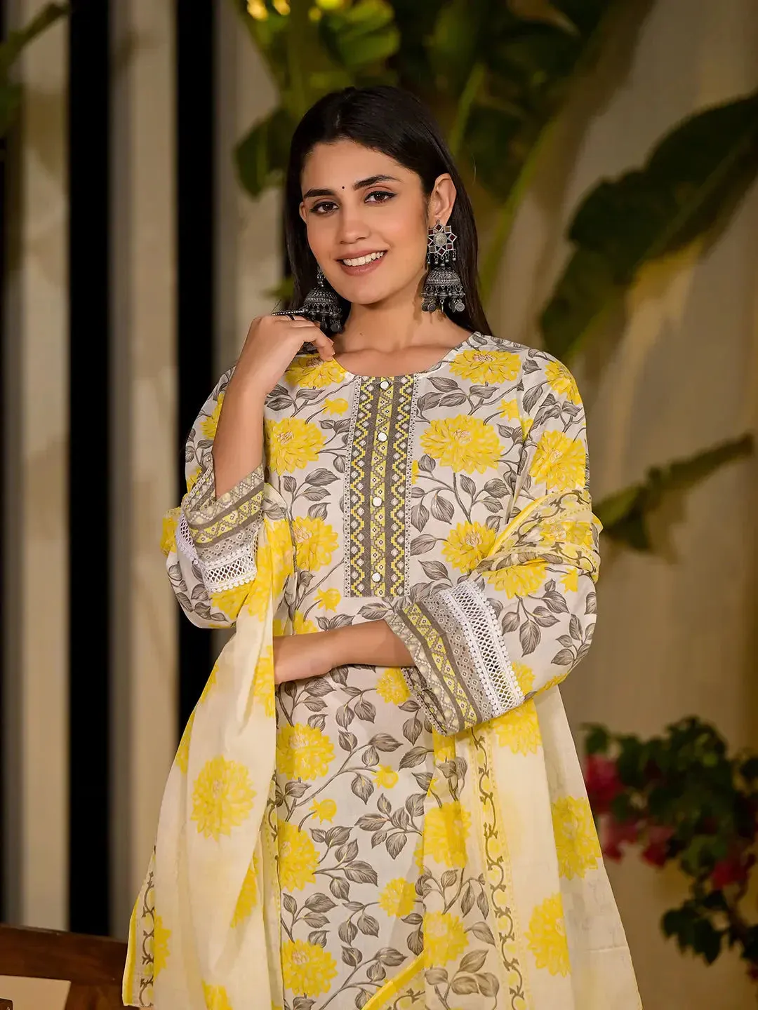 Yellow Pure Cotton Floral Print Kurta With Trousers And Dupatta Set